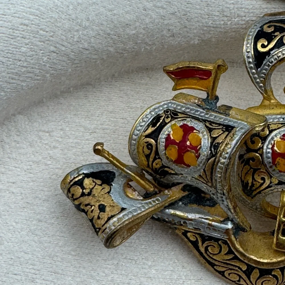 Vintage Spanish Damascene‎ Ship Brooch Toledo Gold Black Enamel Nautical
